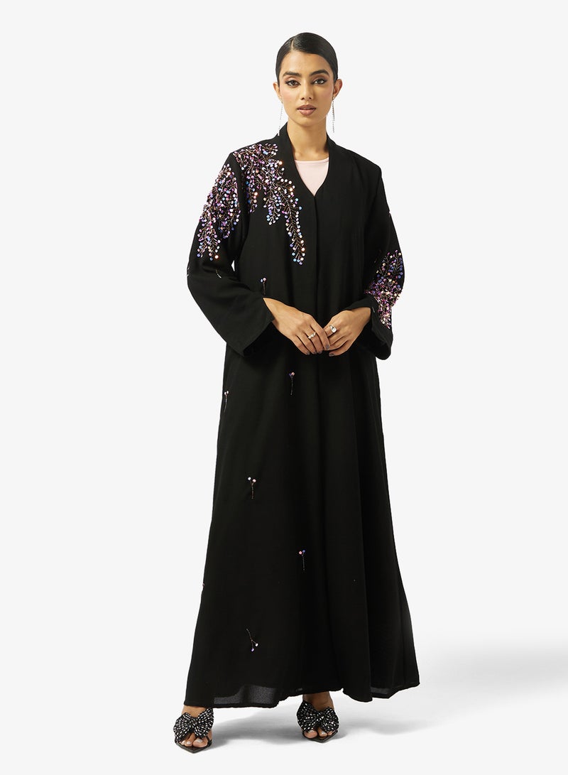 هيا كلوزيت عباية مفتوحة مطرزة بزخارف وزهور بياقة مستديرة - Image 4